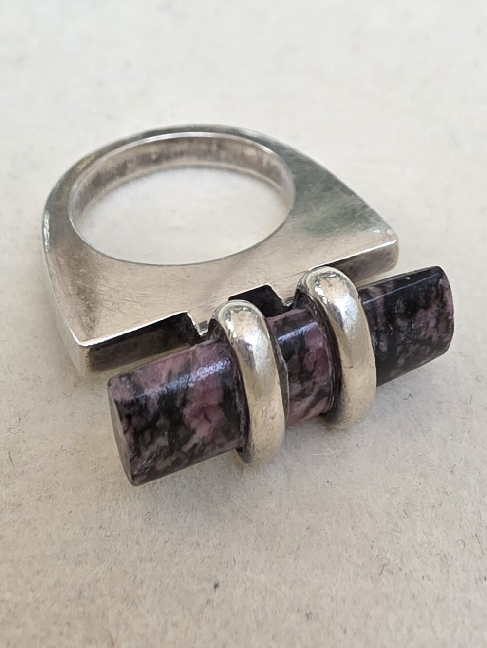 Vintage Sterling Silver Rhodonite Modernist Statement Ring • 10.68g